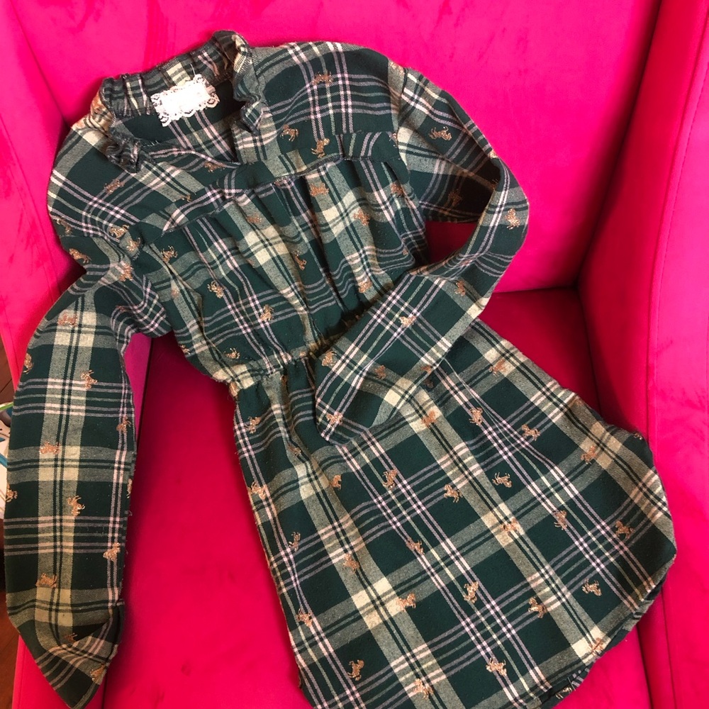 Forest Green plaid dress with little gold sparkles ponies. Size 7 big girls